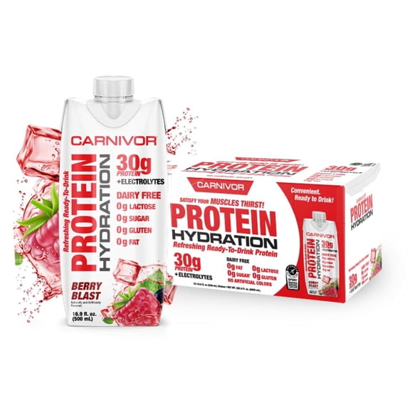 MuscleMeds Carnivor Protein Hydration RTD, Ready to Drink, Lactose Free, Sugar Free, 30g Isolate Protein, Halal Certified, Berry Blast, 16.9 Fl. Oz., 12 Pack