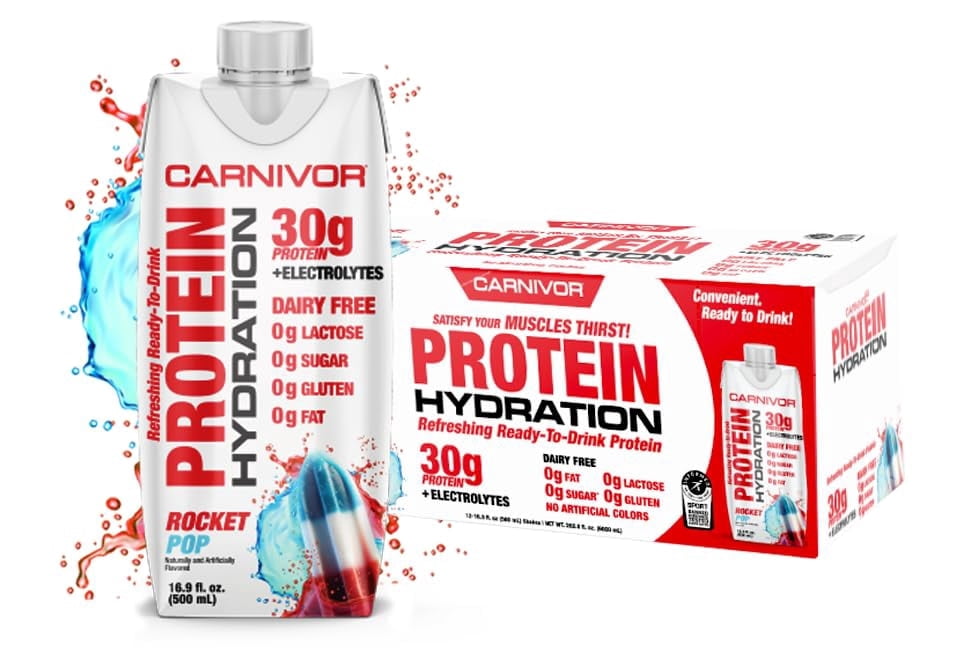 MuscleMeds Carnivor Protein Hydration RTD, Ready to Drink, Lactose Free, Sugar Free, 30g Isolate Protein, Halal Certified, Rocket Pop, 16.9 Fl. Oz., 12 Pack