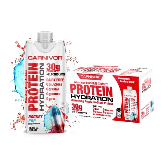 MuscleMeds Carnivor Protein Hydration RTD, Ready to Drink, Lactose Free, Sugar Free, 30g Isolate Protein, Halal Certified, Rocket Pop, 16.9 Fl. Oz., 12 Pack