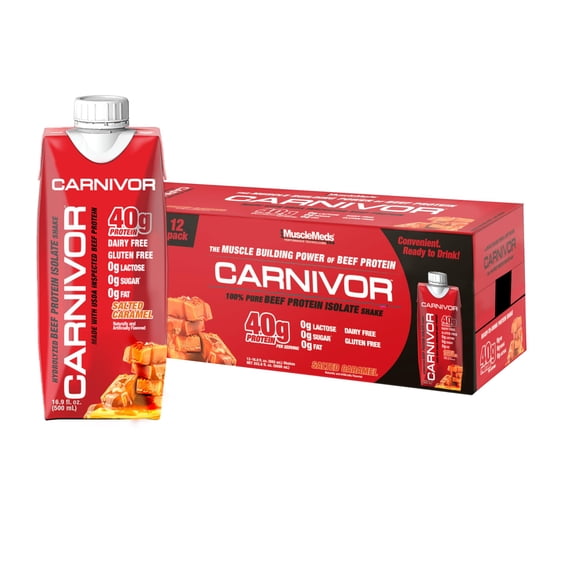 MuscleMeds Carnivor RTD, Ready to Drink Protein, Lactose Free, 40g Isolate Protein, Muscle Building, Salted Caramel, 16.9 Fl Oz (Pack of 12)