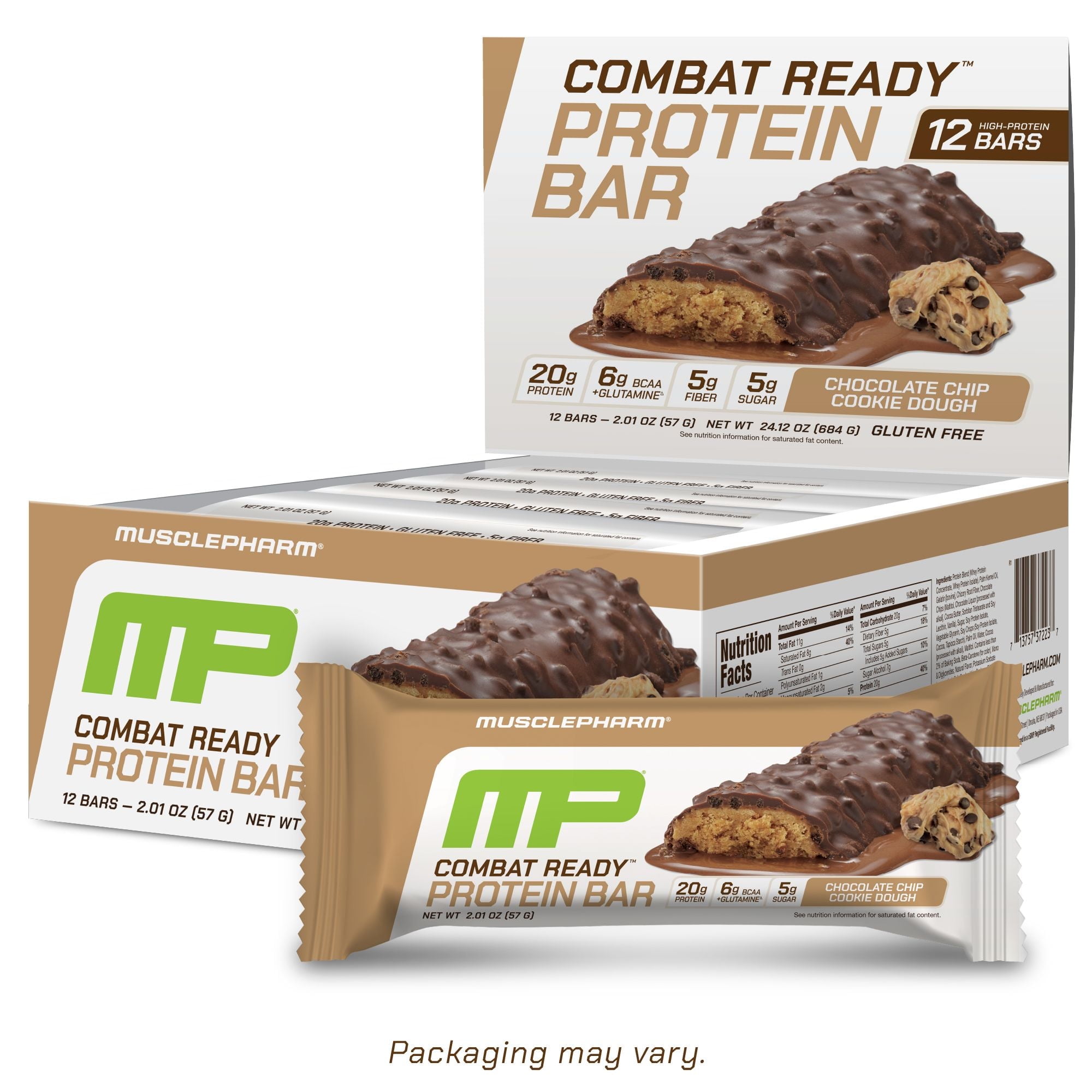 MusclePharm Combat Crunch Protein Bar, Chocolate Chip Cookie Dough, 20g Protein, 12 Ct