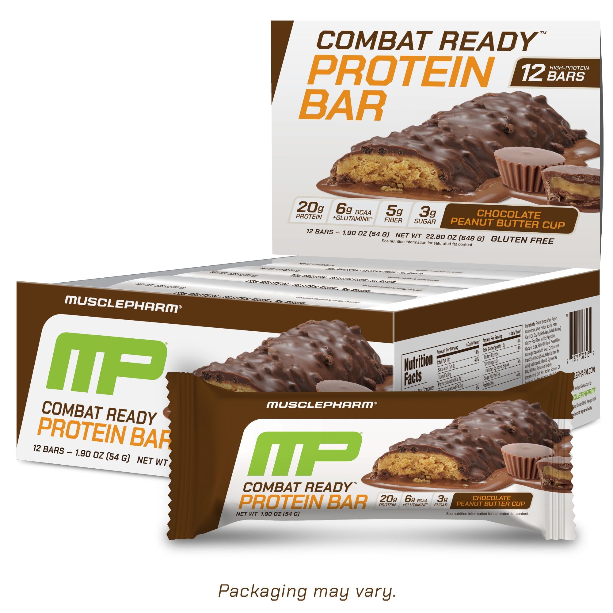 MusclePharm Combat Sport Bar, Chocolate Peanut Butter Cup, High Protein Bars, Combat Cravings, Fuel Performance & Meet Energy Demands, 20g Protein from Whey Protein, 5g Fiber, Gluten Free, 12 Bars