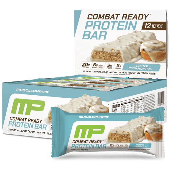 MusclePharm Combat Ready Protein Bars, Cinnamon Roll Flavor High Protein Bars, Combat Cravings, Fuel Performance & Meet Energy Demands, 20g Protein from Whey Protein, 3g Fiber, Gluten Free, 12 Bars