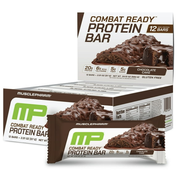 MusclePharm Combat Sport Bar, Chocolate Cake Flavor High Protein Bars, Combat Cravings, Fuel Performance & Meet Energy Demands, 20g Protein from Whey Protein, 5g Fiber, Gluten Free, 12 Bars
