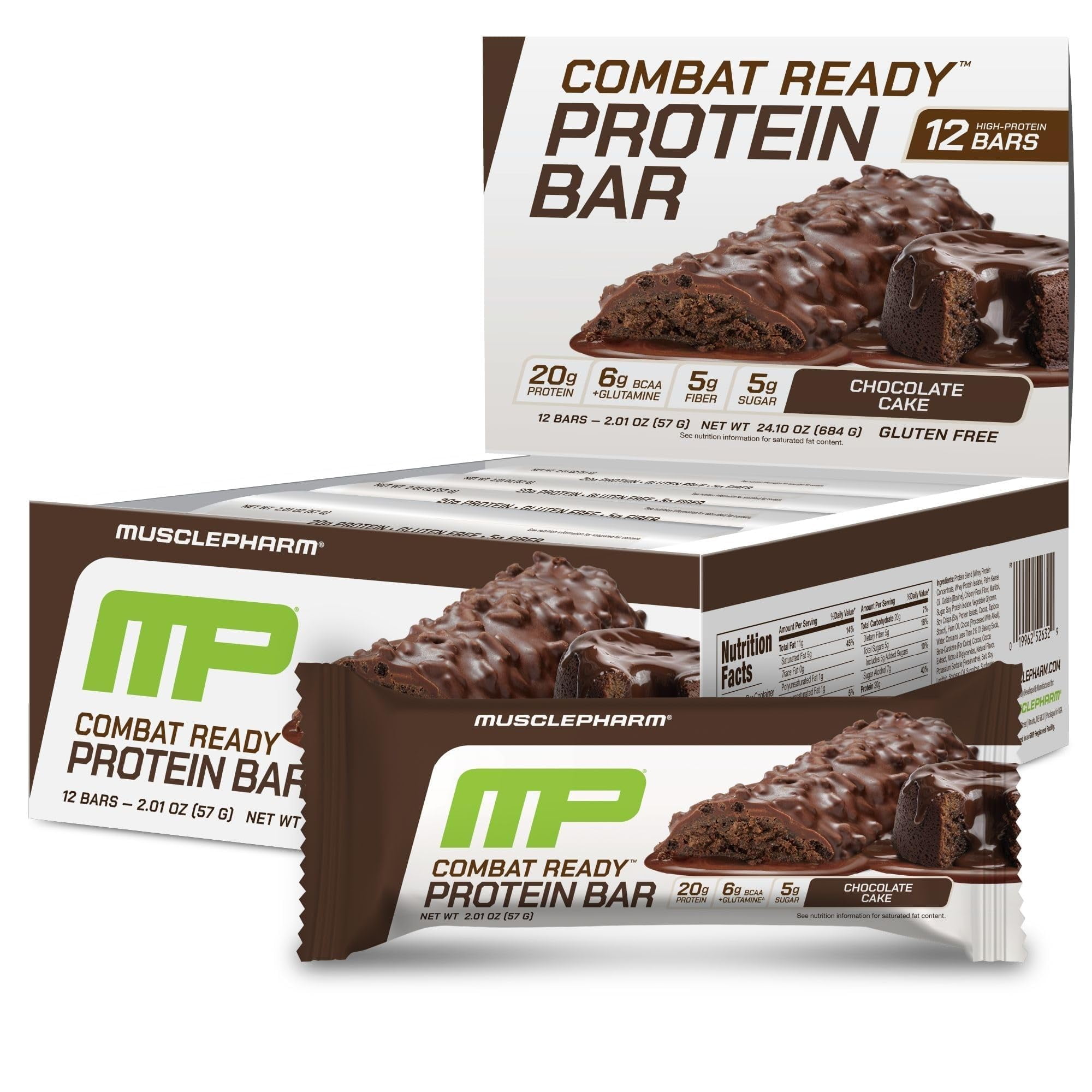 MusclePharm Combat Sport Bar, IFF17 Chocolate Cake Flavor High Protein Bars, Combat Cravings, Fuel Performance & Meet Energy Demands, 20g Protein from Whey Protein, 5g Fiber, Gluten Free, 12 Bars