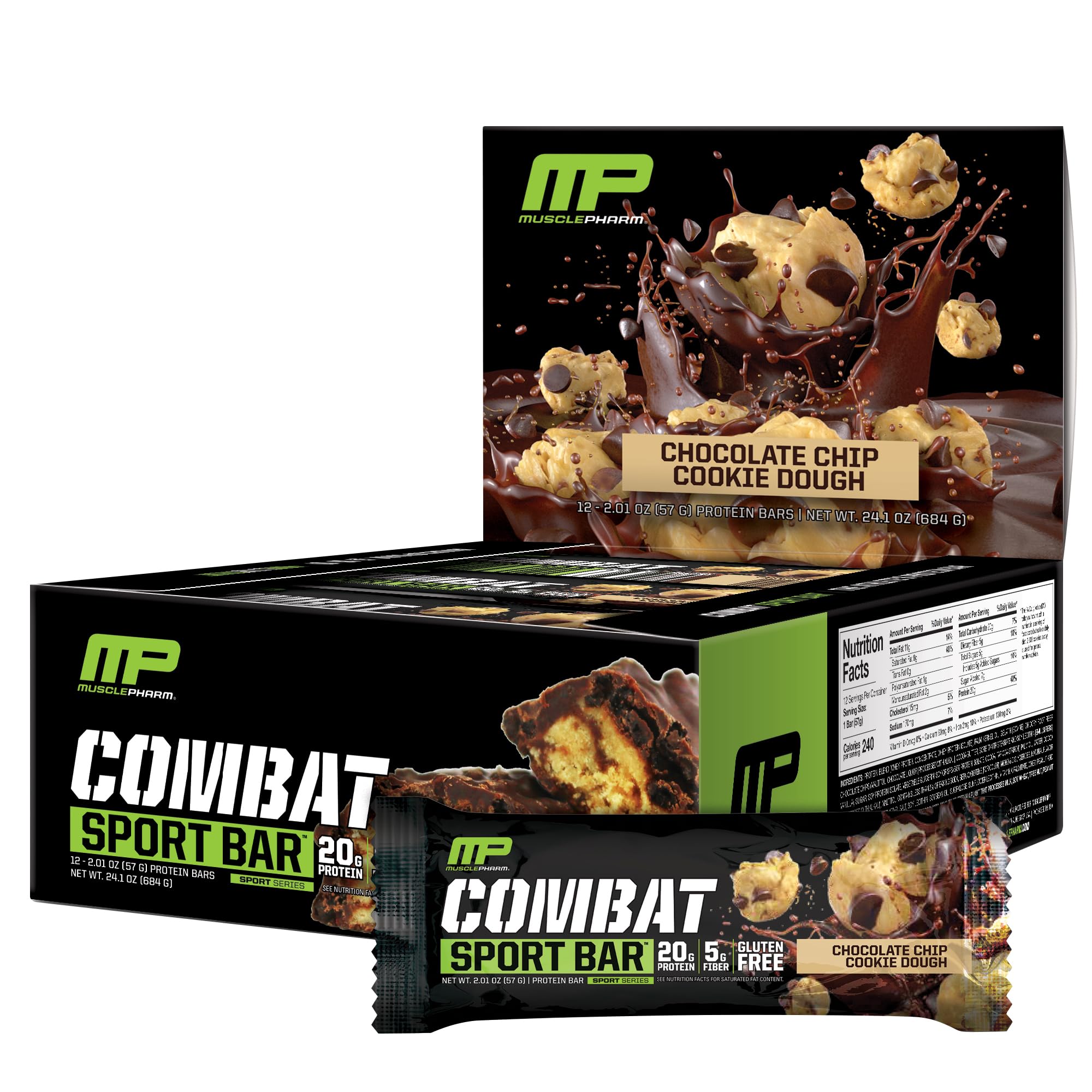 MusclePharm Combat Sport Bar, YPF5 Chocolate Chip Cookie Dough, Bars