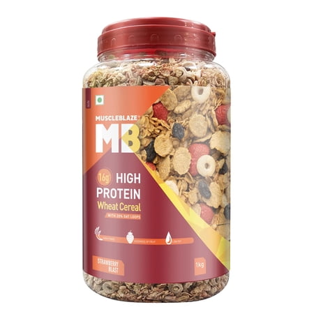 Muscleblaze High Protein Wheat Cereal, 21 G Protein, Fibre Rich, Breakfast Cereals, With Oats Loop & Fruits, Ready To Eat, Strawberry Blast, 1 Kg