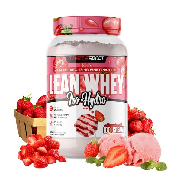 Musclesport Lean Whey Iso Hydro Protein Powder, Strawberry Ice Cream - 2lb, 25g of Protein  - Low Fat - Low Carb - Fitness & Nutrition