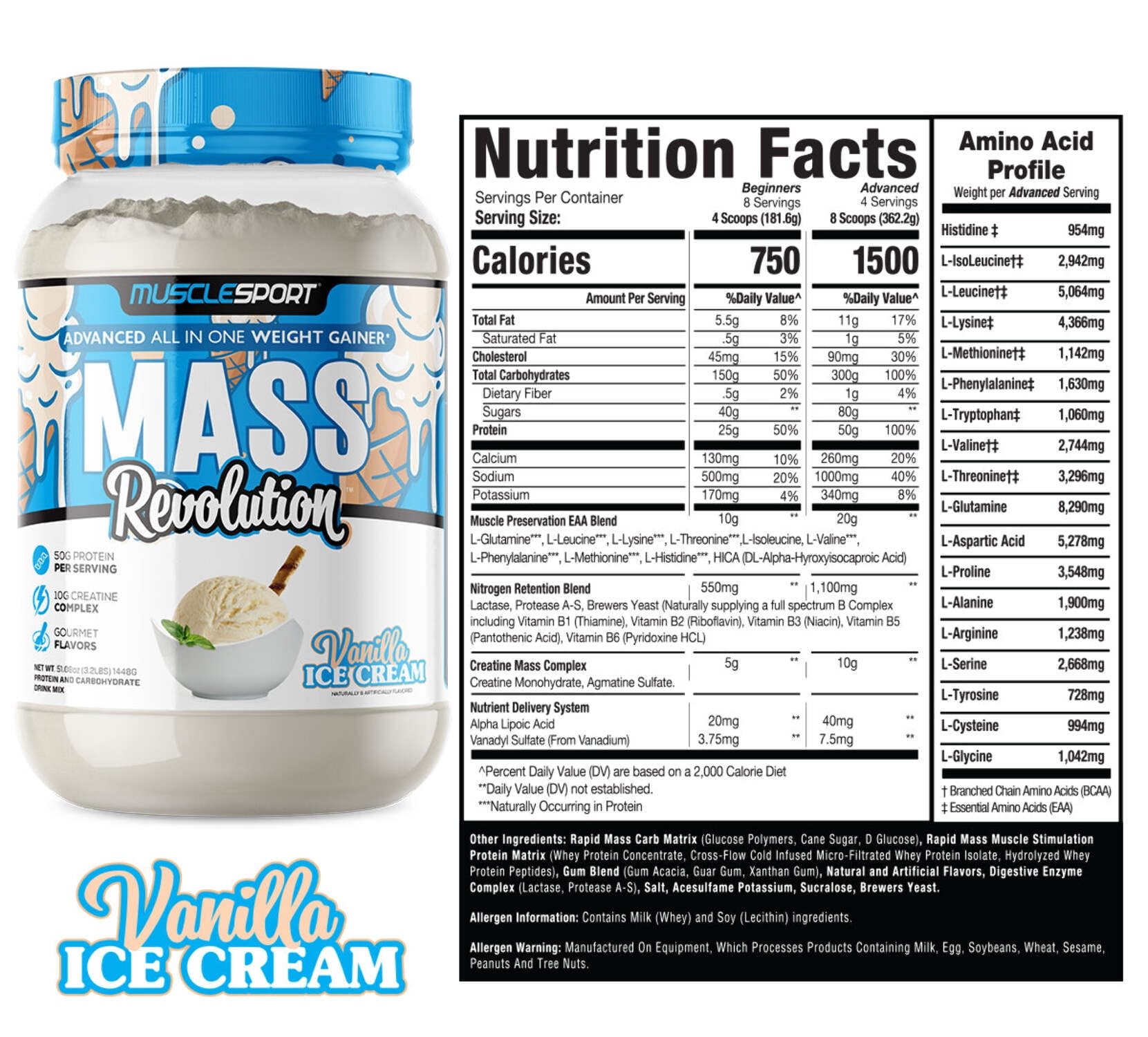 Musclesport Mass Revolution Weight Gainer Protein Powder, Vanilla Ice Cream, 3.2lb