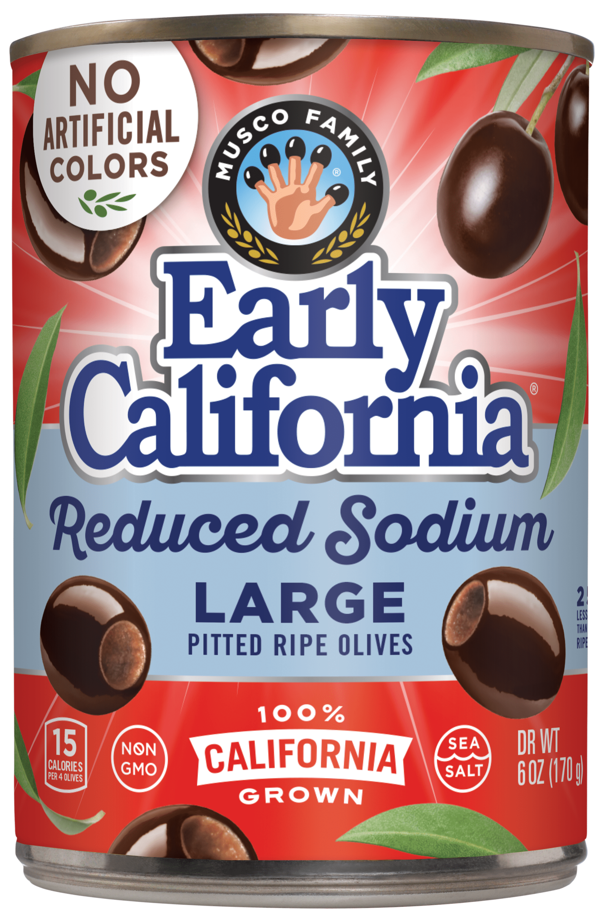 Early California Reduced Sodium Large Pitted California Ripe Olives, 6 oz. Can. No Artificial colors. Major Allergens Not Contained.