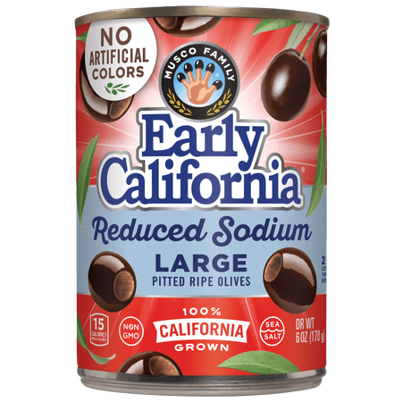 Early California Reduced Sodium Large Pitted California Ripe Olives, 6 oz. Can. No Artificial colors. Major Allergens Not Contained.