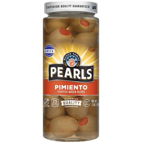 Pearls Pimiento Stuffed Queen Olives, 7 oz Jar. Major Allergens Not Contained.