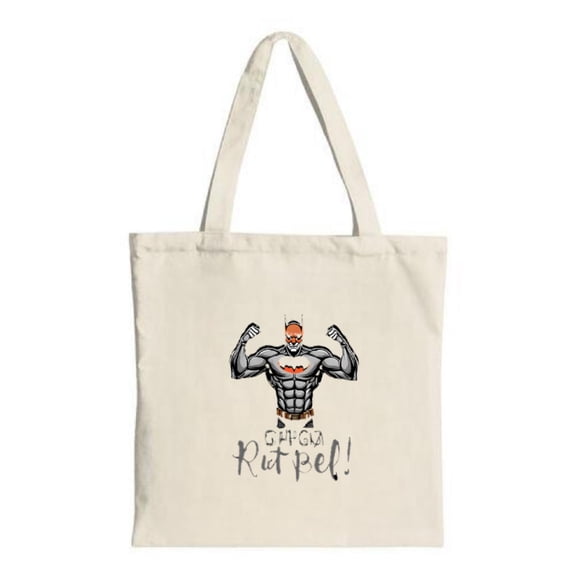Muscular Cartoon Tote Bag with ' B ' Emblem - Fun Cursive ' GETGO Rut Pel ' - Stylish Canvas Perfect for Shopping Travel & Parties