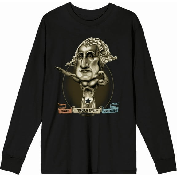 Muscular George Washington Caricature Adult Black Crew Neck Long Sleeve Tee-Small