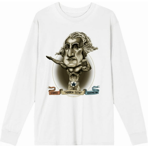 Muscular George Washington Caricature Adult White Crew Neck Long Sleeve Tee-3XL