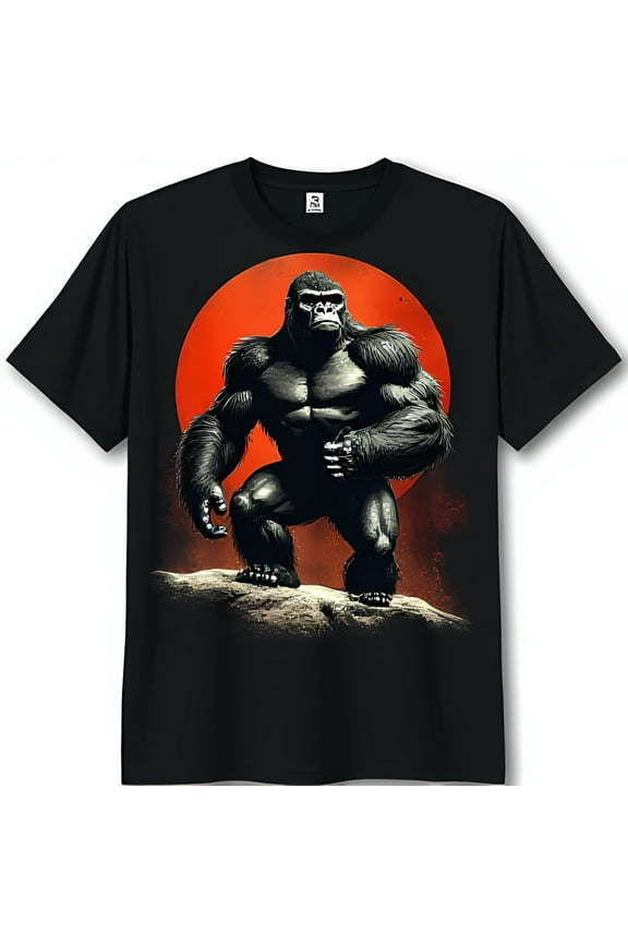 Muscular Gorilla Graphic Black T-Shirt with Red Sun Design Soft & Comfortable Everyday Wear