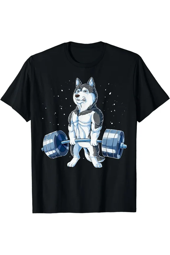 Muscular Husky Weightlifting Funny Dog Gym Workout Bodybuilder Unisex T-Shirt, S-5XL