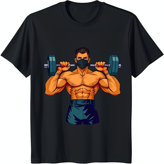 Muscular Man Lifting Barbell Black T-Shirt with Face Mask Fitness
