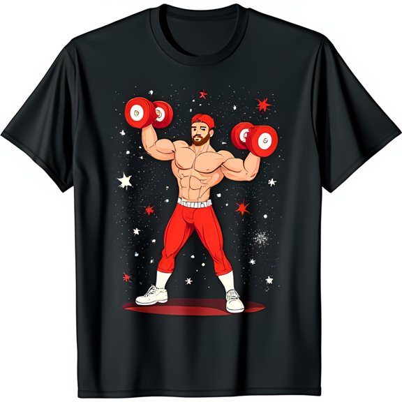 Muscular Man Lifting Weights T-Shirt Black Tee with Santa Hat & Stars
