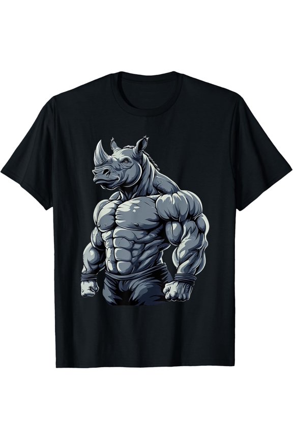 Muscular Rhino Powerlifting Weightlifting Gym Workout T-Shirt Size S-5XL