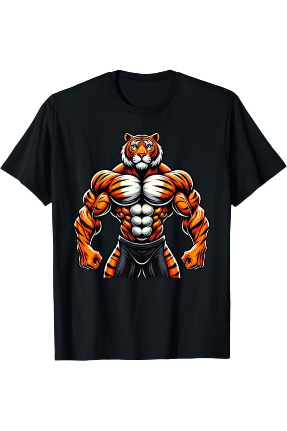 Muscular Tiger Powerlifting Weightlifting Gym Workout T-Shirt Size S-5XL