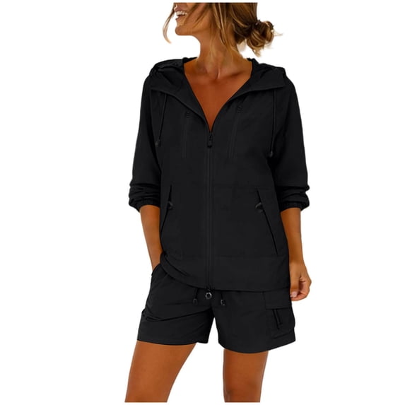 Muscularfit Athletic Summer Two Piece Sets Zip-Up Plus Size Activewear Sets Cargo Sets Jacket Hooded Black Long Sleeve Womens Sets