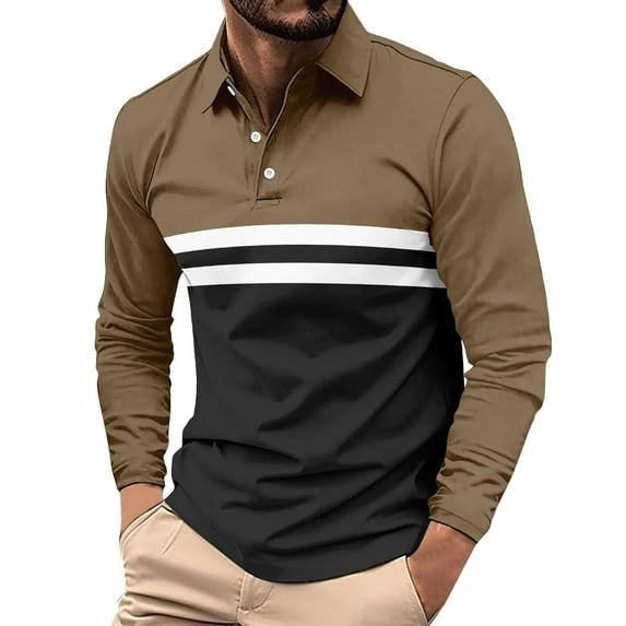 Muscularfit Brown Polo Shirts Striped Oversized Golf Mens Shirts Big & Tall Long Sleeve Collared Tees Pullover Womens Tees,XXXXL