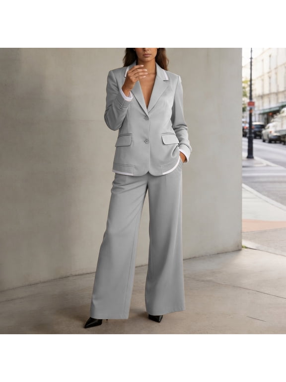 Business Sets for Women Summer Womens Suits Chinos Blazer Set Long Sleeve Gray Collared Sets for Women