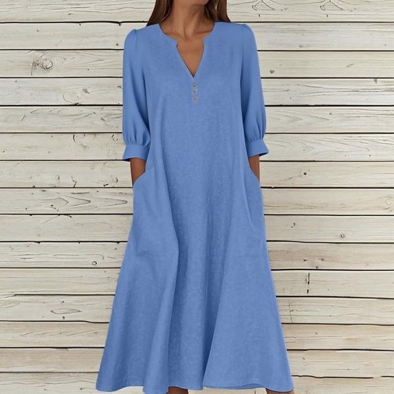 Muscularfit Loose Winter Dress with Pocket Button Dress V-Neck 3/4 Sleeve Maxi Womens Dressy Dresses