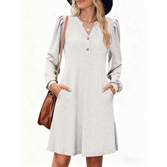 Muscularfit Fitted Fall Dresses Button Ribbed Dresses Midi Long Sleeve A-Line V-Neck Casual Trendy Dress