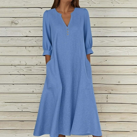Muscularfit Winter Dress with Pocket Button Loose Dresses 3/4 Sleeve V-Neck Maxi Women's Wear to Work Dresses
