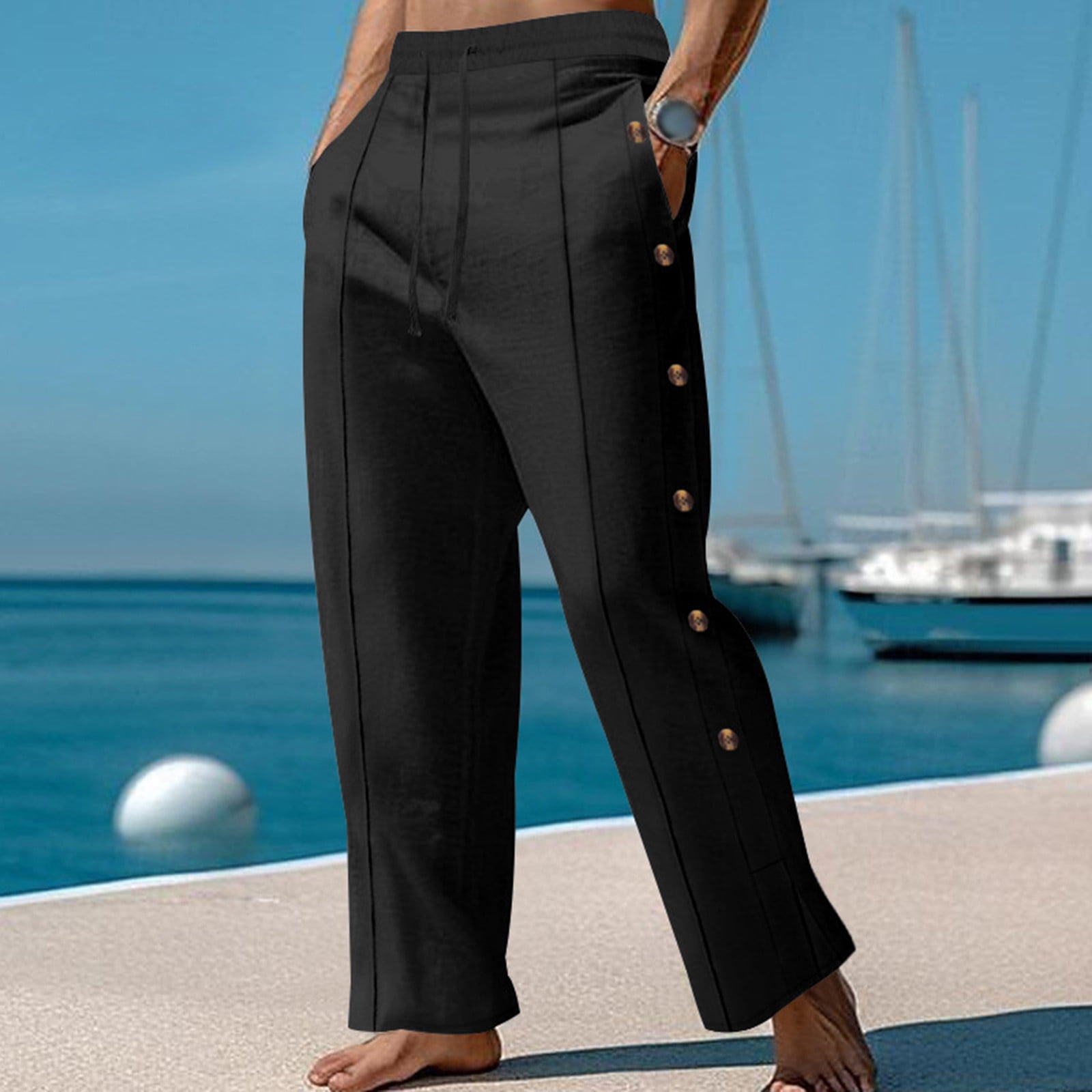 Muscularfit Buttons Slacks for Men Black Cotton Streetwear Full Wide ...