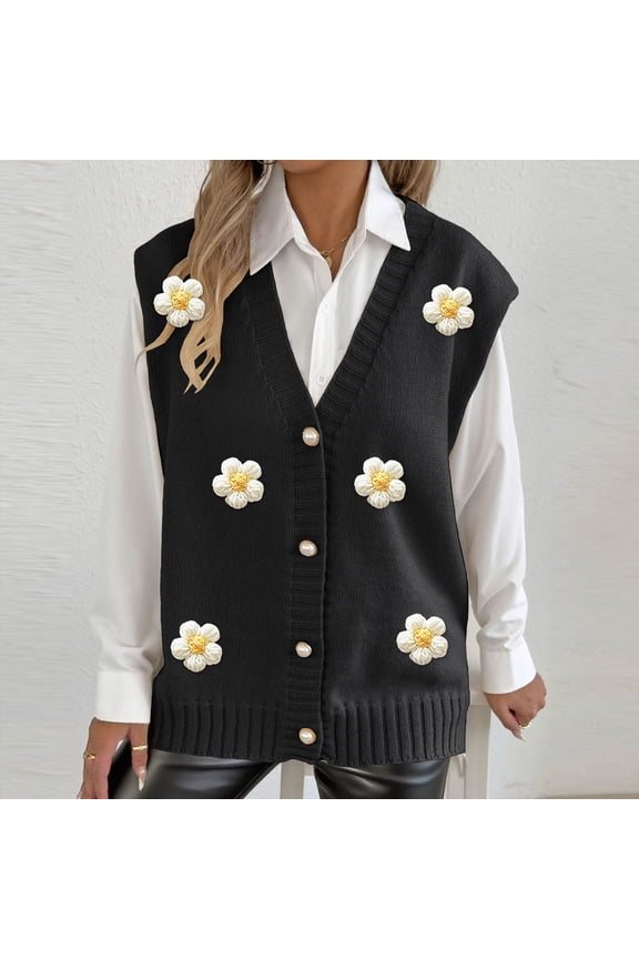 Cable Knit Sweater Women's Sweaters Cocoon Womens Cardigan Flower Button Chunky V-Neck Black Open-Front Sleeveless Oversized Sweaters for Women Free Size