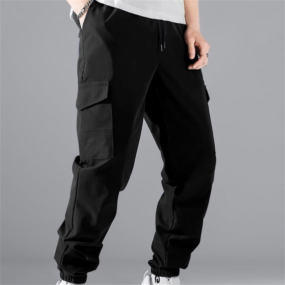 Muscularfit Casual Cargo Pants Men's Pants Drawstring Cargo with Pockets Slim Fit Taper Low Rise Black Men Sweatpants Size L