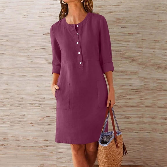 Muscularfit Women's Winter Dresses 2026 Office Button Shirt Dress Elbow-Length Midi Crew Neck Elegant Dress