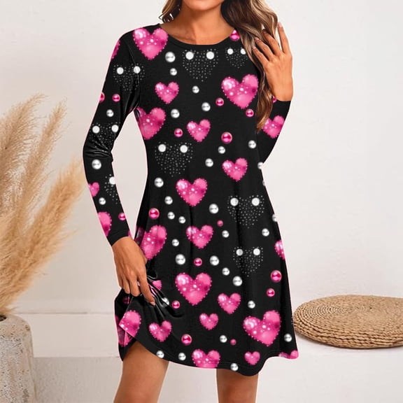 Muscularfit Valentine Spring Dresses for Women Hearts Flowy Loose Dresses Mini A-Line Long Sleeve Crew Neck Womens Cute Dresses