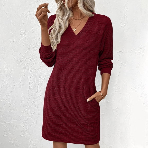 Muscularfit Loose Spring Dress with Pocket Dress V-Neck Midi Long Sleeve Elegant Dress for Women