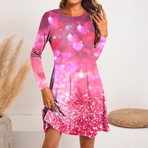 Muscularfit Hearts Winter Dress Loose Flowy Valentine Dresses A-Line Long Sleeve Mini Crew Neck Fashion Dress Trendy
