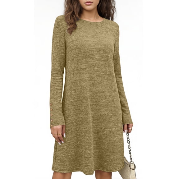 Muscularfit Fall Dress Waist Loose Dresses Long Sleeve Midi Crew Neck Elegant Dresses for Women