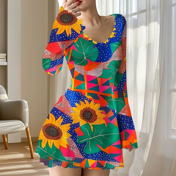 Muscularfit Classy Winter Dress Floral Pleated Fit & Flare V-Neck Long Sleeve Mini Women's Winter Dresses 2026