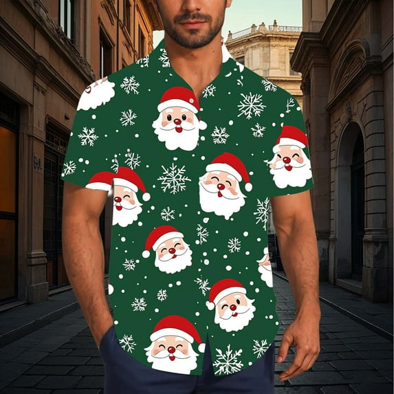 Muscularfit Club Tees for Men Funny Green Christmas Christmas Shirts Button Up Short Sleeve Collared Tops,M