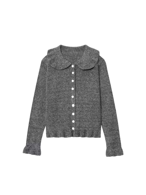 Cocoon Womens Sweaters Womens Sweaters Cardigan Button Patch Knit Cardigan Gray Stockinette Open-Front Long Sleeve Collared Knitted Tops for Women L