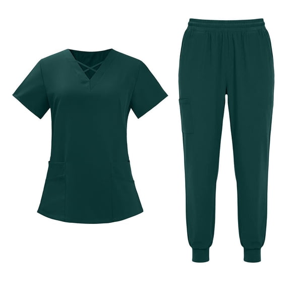 Muscularfit Comfy Summer Sets for Women Pullover Scrubs Sets Pleated Work Sets V-Neck Short Sleeve Green Shirt Women Sets