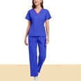 thumbnail image 1 of Muscularfit Comfy Womens Matching Set Work Pullover Scrubs Sets Blue Pleated V-Neck Short Sleeve Womens Outfit Sets, 1 of 5