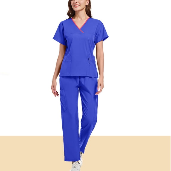Muscularfit Comfy Womens Matching Set Work Pullover Scrubs Sets Blue Pleated V-Neck Short Sleeve Womens Outfit Sets