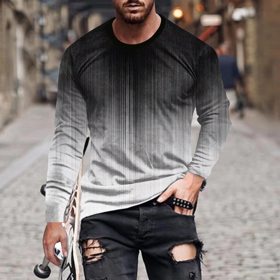 Muscularfit Compression Shirts for Men Black Long Sleeve Gradient Crew Neck T Shirt Mens Tops Casual Stylish
