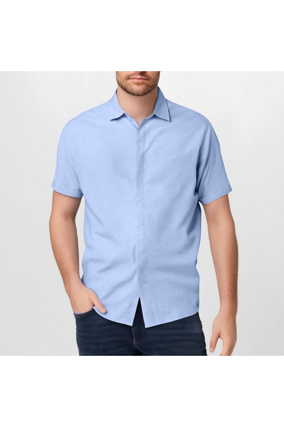 Dress Shirt T Shirts for Man Guide Baggy Linen Shirts Tshirt Collared Short Sleeve Button Down Blue Summer Shirt,L