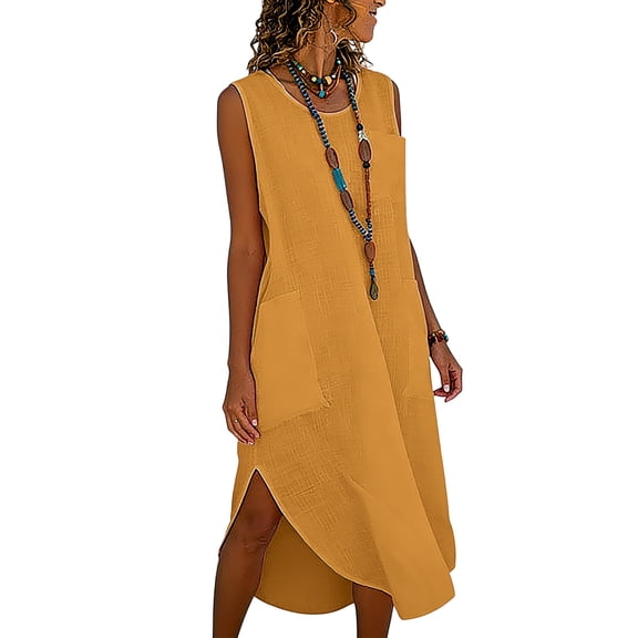 Muscularfit with Pocket Women's Fall Dresses Beach Loose Sundress Sleeveless Crew Neck Midi Fashion Clothes