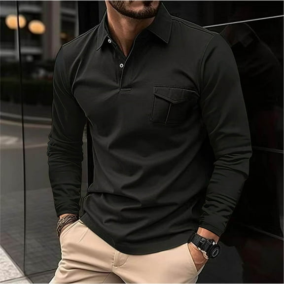Muscularfit Dressy Polo Shirts Pocket Black Long Sleeve T Shirts for Men Collared T-Shirts Pullover Solid Tshirt,L