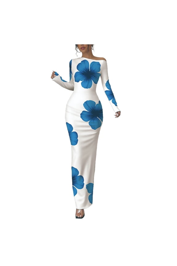 Dressy Womens 2026 Floral Fitted Sexy Gown Maxi Long Sleeve Boat Neck Bodycon Holiday Dresses